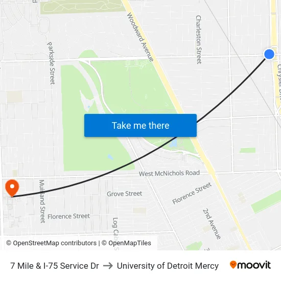 7 Mile & I-75 Service Dr to University of Detroit Mercy map