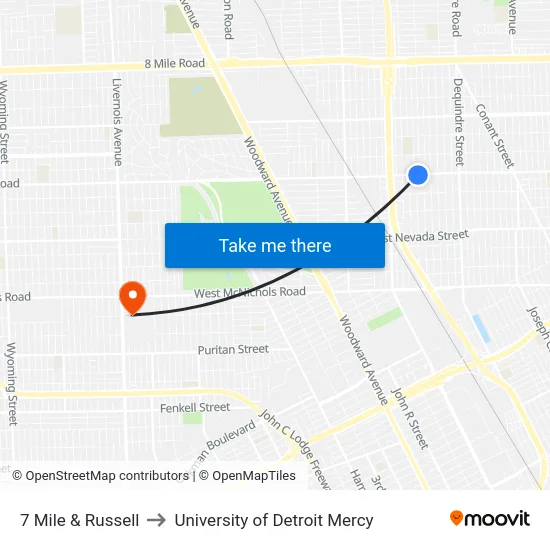 7 Mile & Russell to University of Detroit Mercy map