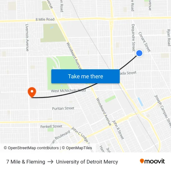 7 Mile & Fleming to University of Detroit Mercy map