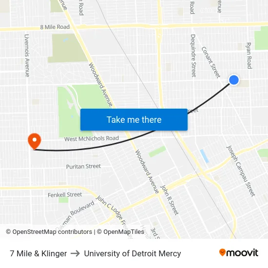 7 Mile & Klinger to University of Detroit Mercy map