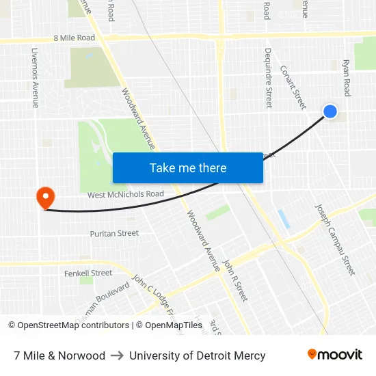 7 Mile & Norwood to University of Detroit Mercy map