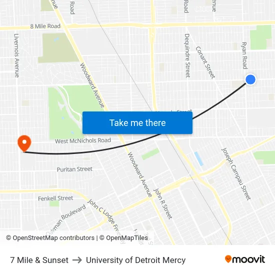 7 Mile & Sunset to University of Detroit Mercy map