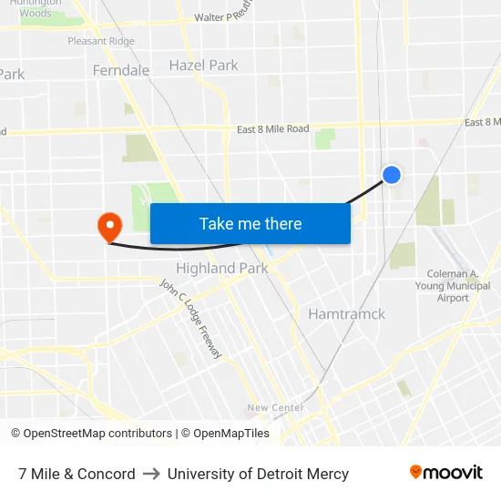 7 Mile & Concord to University of Detroit Mercy map