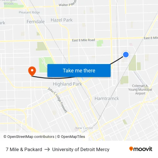 7 Mile & Packard to University of Detroit Mercy map