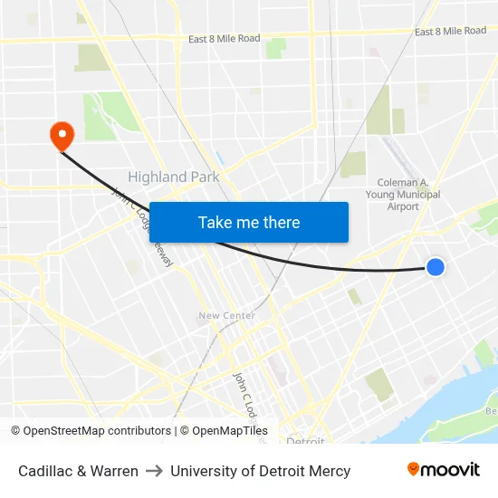 Cadillac & Warren to University of Detroit Mercy map