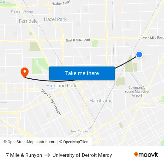 7 Mile & Runyon to University of Detroit Mercy map