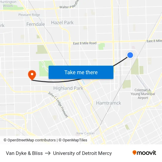Van Dyke & Bliss to University of Detroit Mercy map