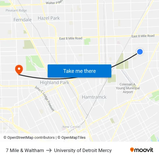 7 Mile & Waltham to University of Detroit Mercy map