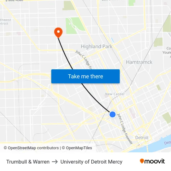 Trumbull & Warren to University of Detroit Mercy map