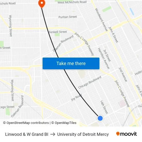 Linwood & W Grand Bl to University of Detroit Mercy map