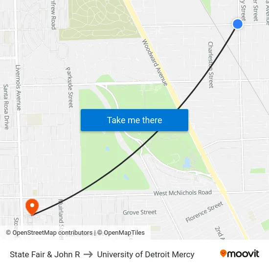 State Fair & John R to University of Detroit Mercy map