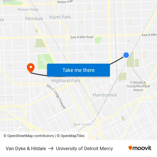 Van Dyke & Hildale to University of Detroit Mercy map