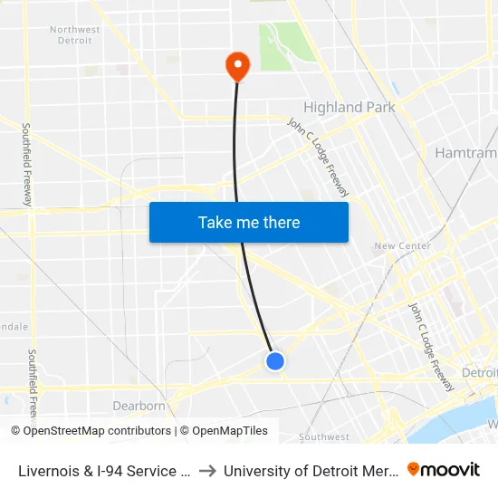 Livernois & I-94 Service Dr to University of Detroit Mercy map