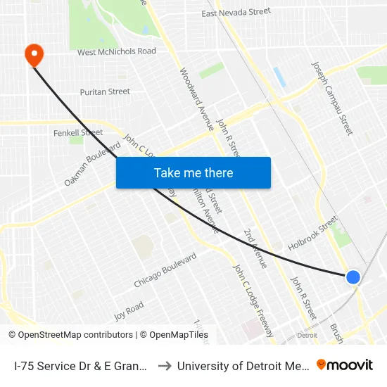 I-75 Service Dr & E Grand Bl to University of Detroit Mercy map