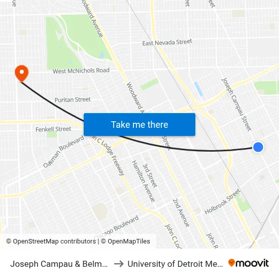Joseph Campau & Belmont to University of Detroit Mercy map