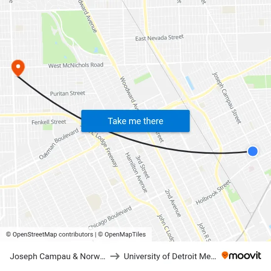 Joseph Campau & Norwalk to University of Detroit Mercy map