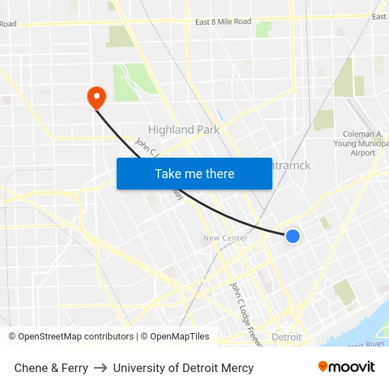 Chene & Ferry to University of Detroit Mercy map