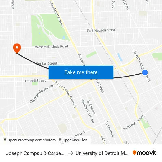 Joseph Campau & Carpenter to University of Detroit Mercy map