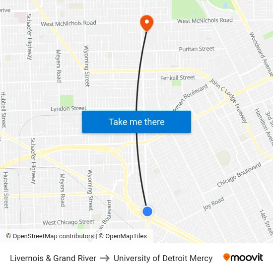 Livernois & Grand River to University of Detroit Mercy map