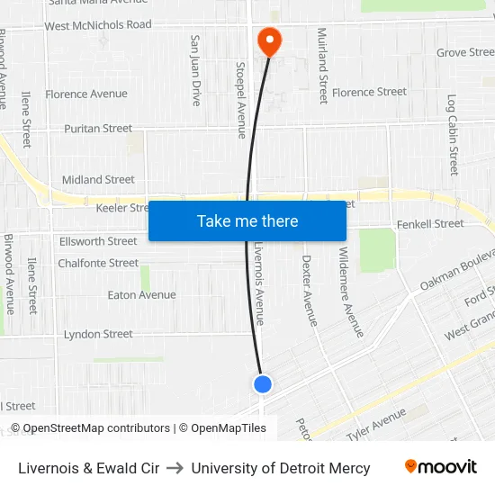 Livernois & Ewald Cir to University of Detroit Mercy map