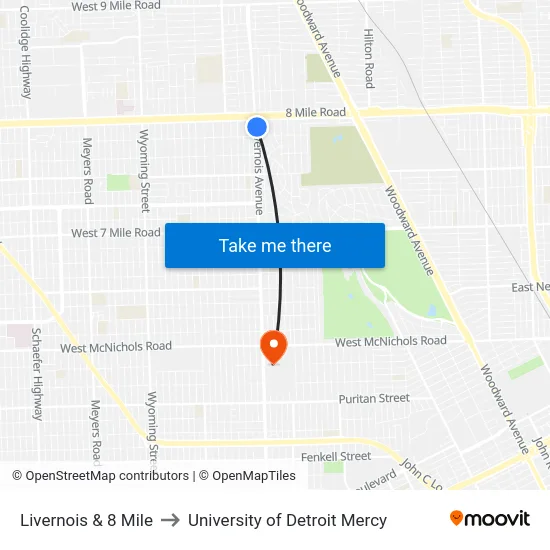 Livernois & 8 Mile to University of Detroit Mercy map