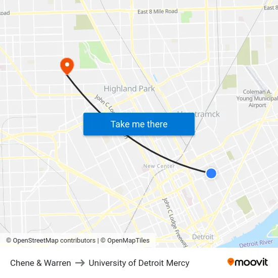 Chene & Warren to University of Detroit Mercy map