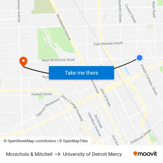 Mcnichols & Mitchell to University of Detroit Mercy map
