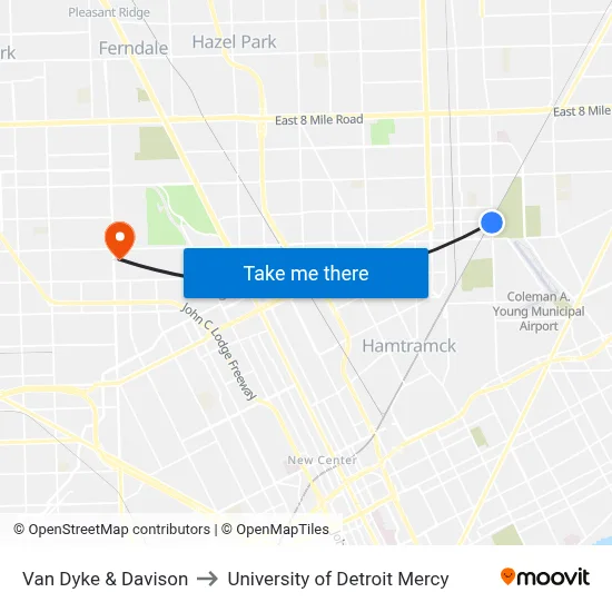 Van Dyke & Davison to University of Detroit Mercy map