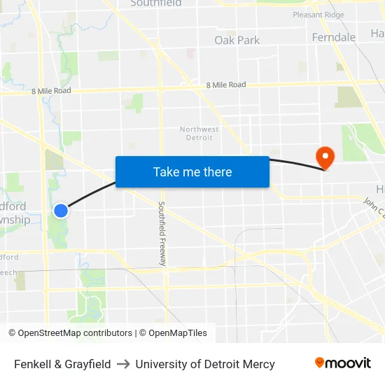 Fenkell & Grayfield to University of Detroit Mercy map