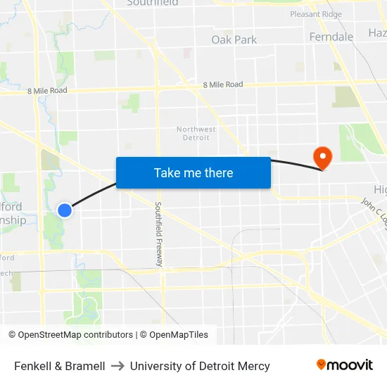 Fenkell & Bramell to University of Detroit Mercy map