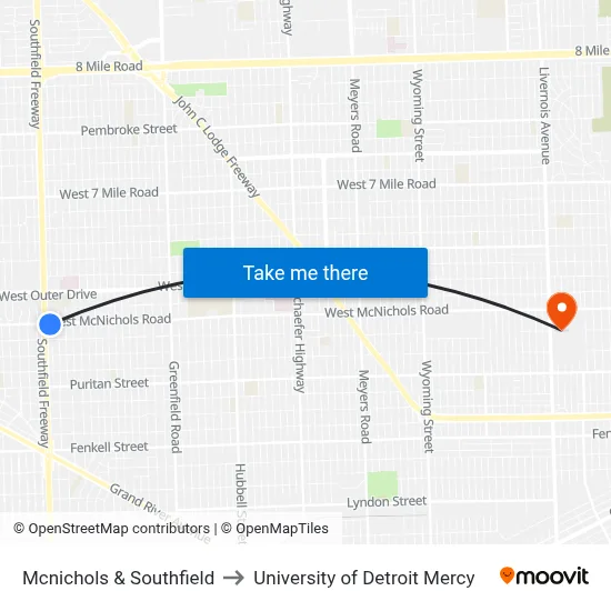 Mcnichols & Southfield to University of Detroit Mercy map