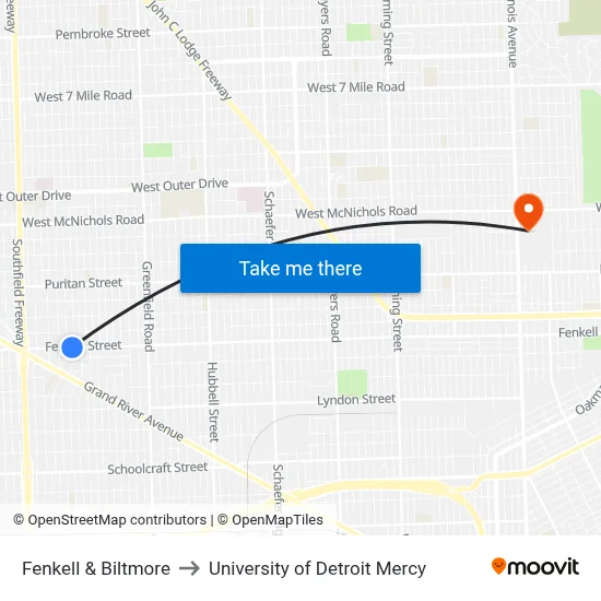 Fenkell & Biltmore to University of Detroit Mercy map