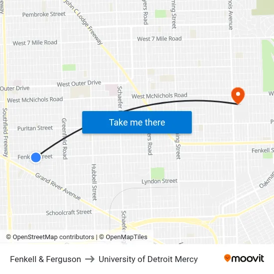 Fenkell & Ferguson to University of Detroit Mercy map