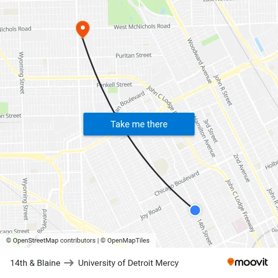 14th & Blaine to University of Detroit Mercy map