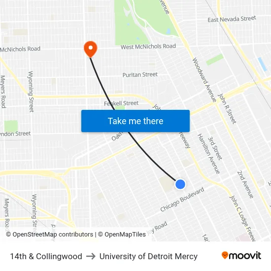14th & Collingwood to University of Detroit Mercy map