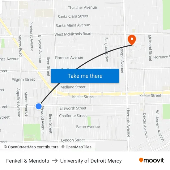 Fenkell & Mendota to University of Detroit Mercy map