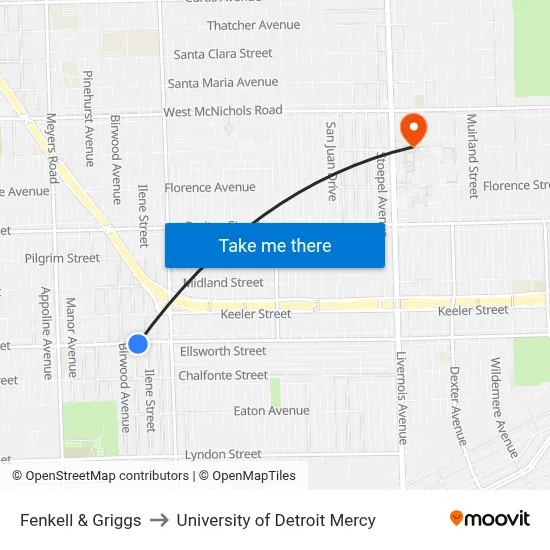 Fenkell & Griggs to University of Detroit Mercy map