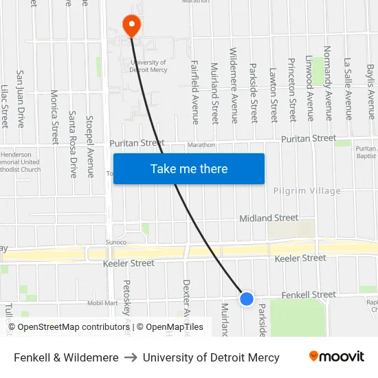 Fenkell & Wildemere to University of Detroit Mercy map