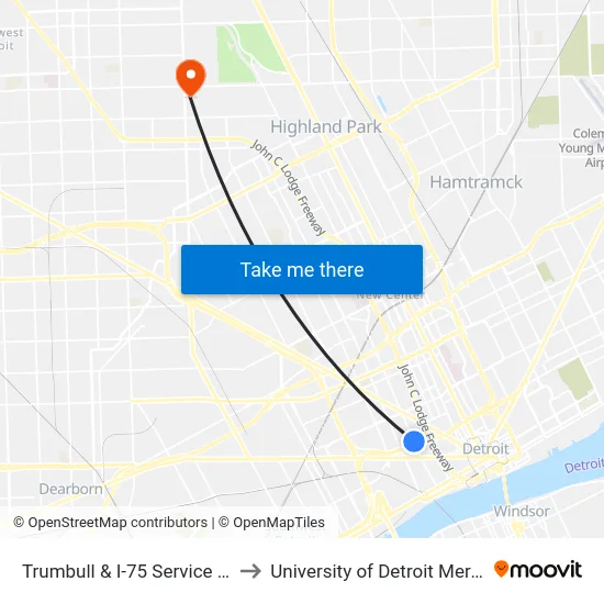 Trumbull & I-75 Service Dr to University of Detroit Mercy map
