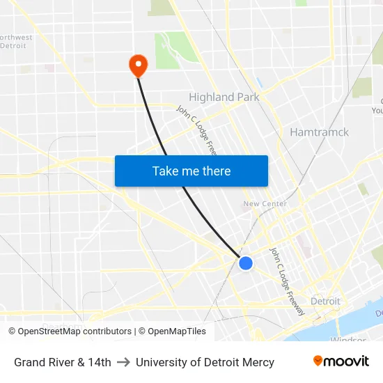 Grand River & 14th to University of Detroit Mercy map
