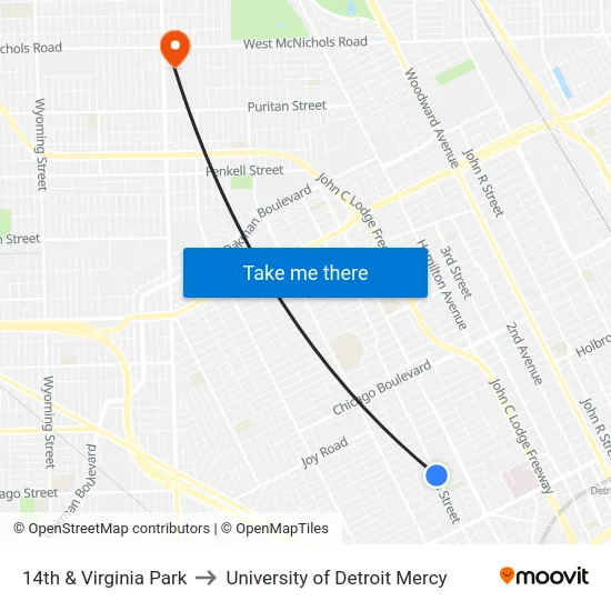 14th & Virginia Park to University of Detroit Mercy map