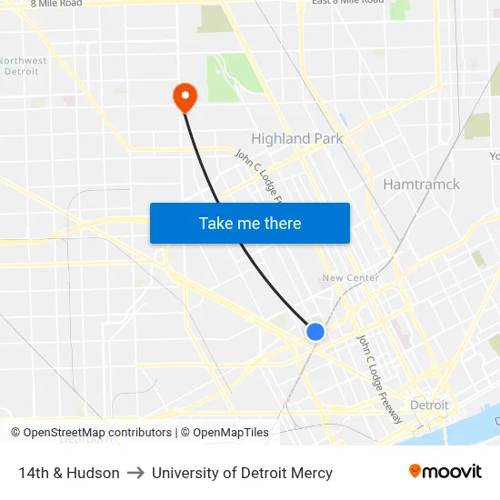 14th & Hudson to University of Detroit Mercy map