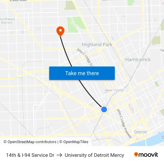 14th & I-94 Service Dr to University of Detroit Mercy map