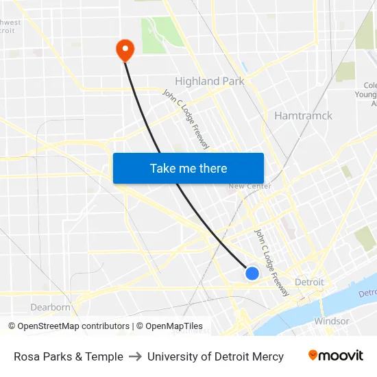 Rosa Parks & Temple to University of Detroit Mercy map