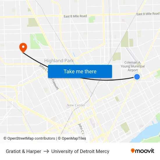 Gratiot & Harper to University of Detroit Mercy map