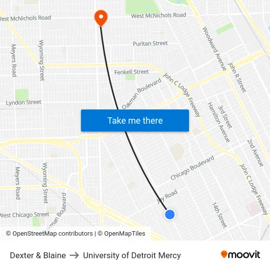Dexter & Blaine to University of Detroit Mercy map