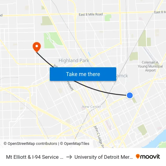Mt Elliott & I-94 Service Dr to University of Detroit Mercy map