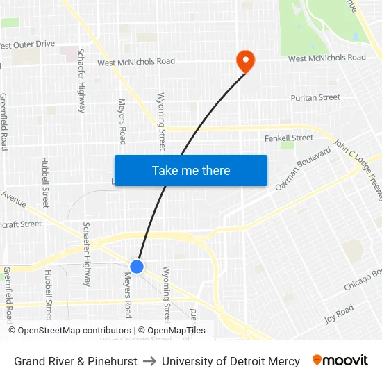 Grand River & Pinehurst to University of Detroit Mercy map