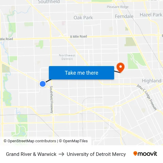 Grand River & Warwick to University of Detroit Mercy map
