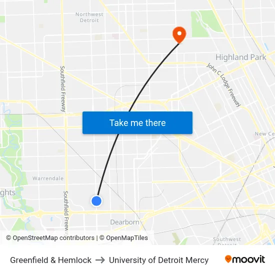 Greenfield & Hemlock to University of Detroit Mercy map